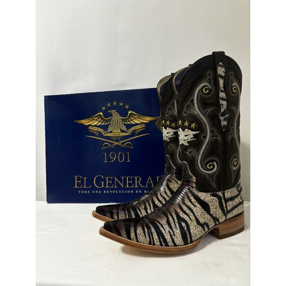 El General Cowboy Boots Mens Sz 8 Tiger Stripe Lizard Skin Exotic Leather Brown - Picture 8 of 16